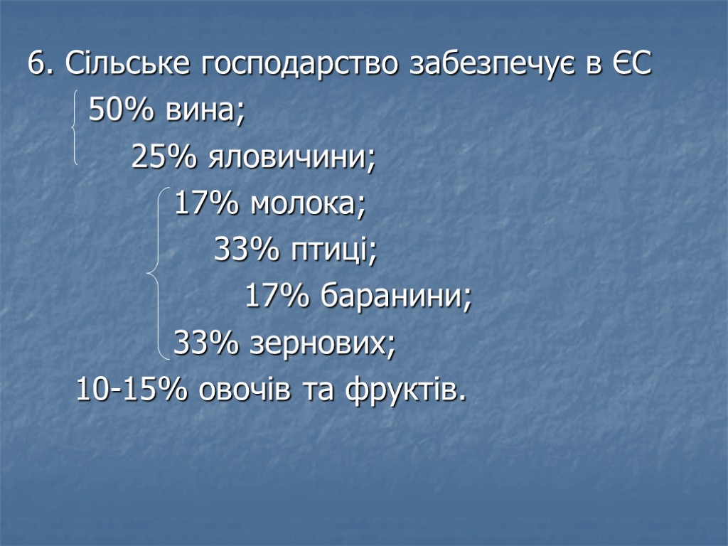 6. Сільське господарство забезпечує в ЄС 50% вина; 25% яловичини; 17% молока; 33% птиці;